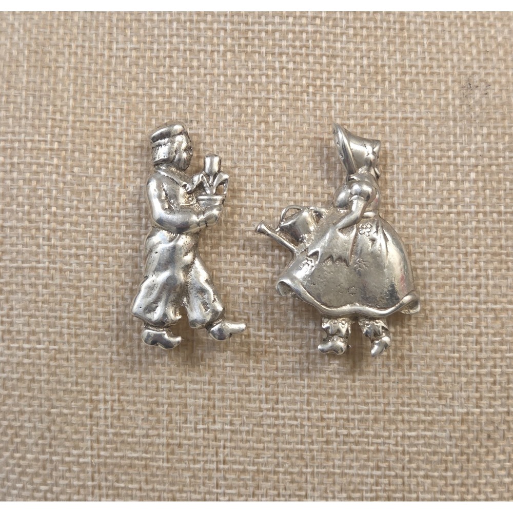 2 1940s Sterling Silver Dutch Boy & Girl Brooches - Flower & Watering Can